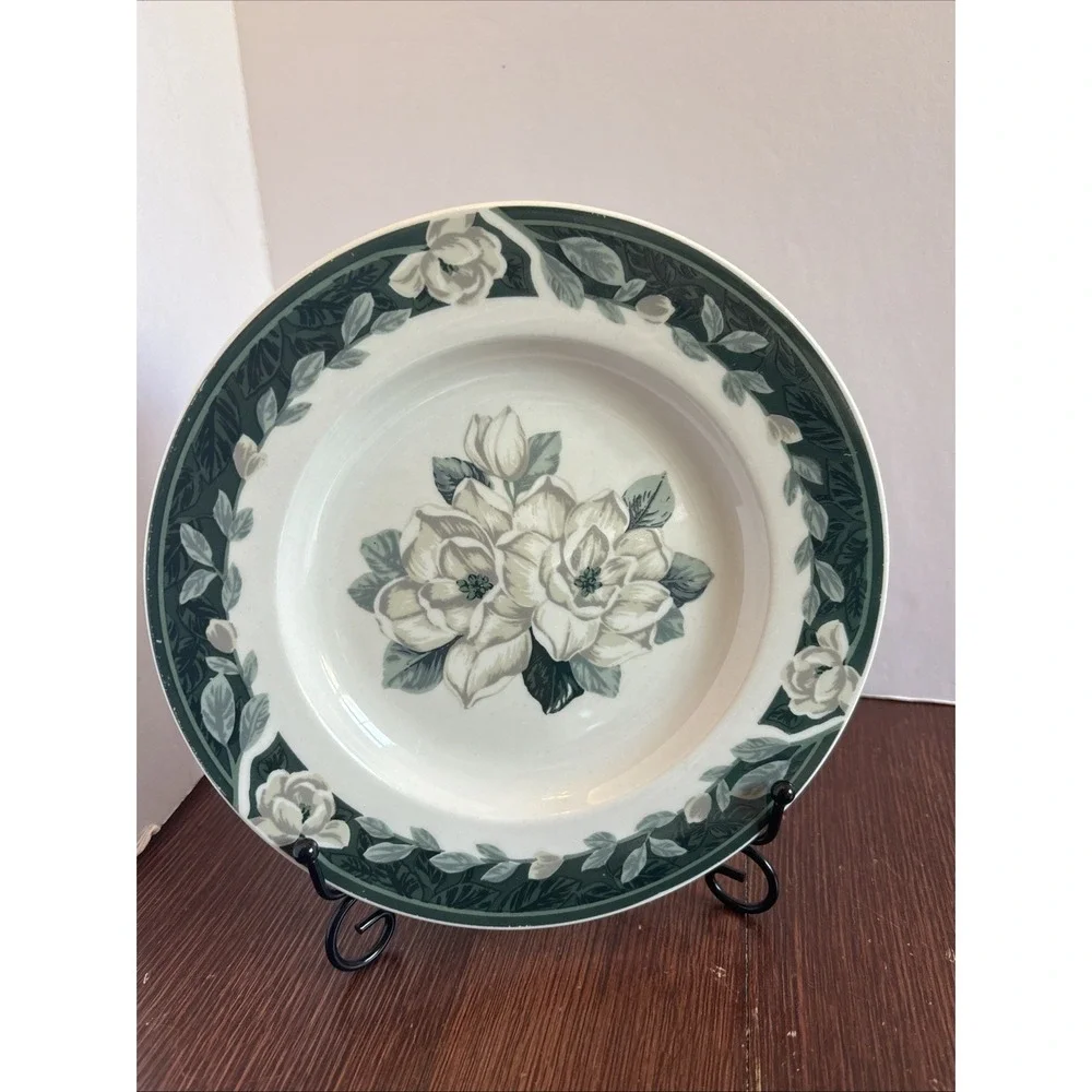 Tienshan Magnolia Belle Stoneware Salad Plates Set of 2 Green White Floral 8.25